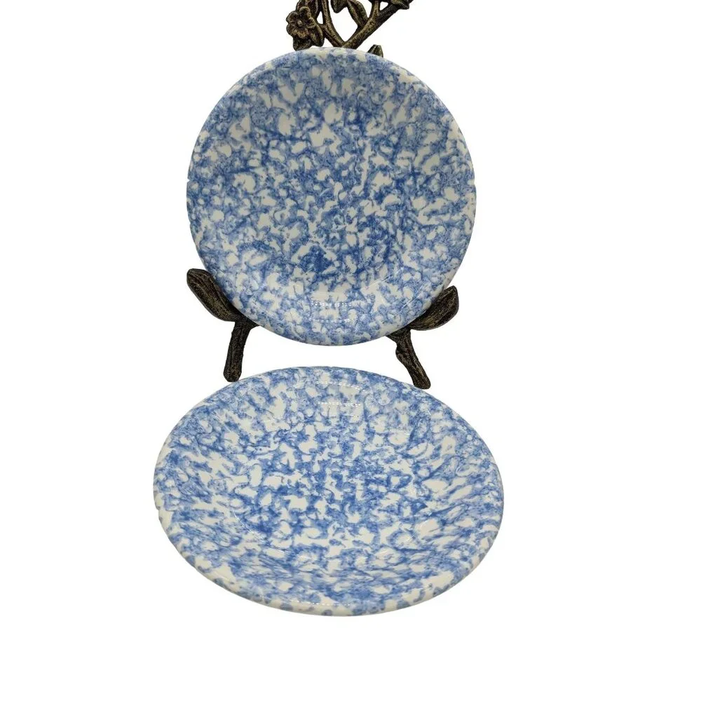 Bentson West Splatter Spongeware 8 Salad‎ Dessert Plates Blue White Cottage 2pc